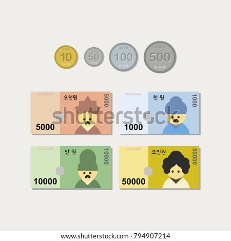 Vector Collection of Korean Money, South Korea Cash and Coins, Economic Graphics, Korean Won Illustration