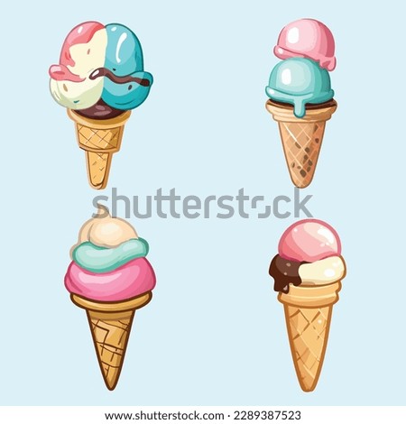 ice cream balls in the waffle cone set isolated on white background. Vector flat, clipart outline icon. cartoon style illustration for using t-shirt design