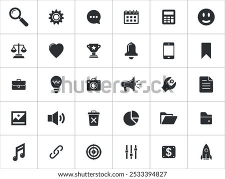 A set of 30 universal icons representing various concepts like search, settings, communication, calendar, happiness, love, success, notification and more. Universal Icon Set for Web and Mobile