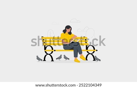 A woman sitting on a park bench reading, surrounded by birds.