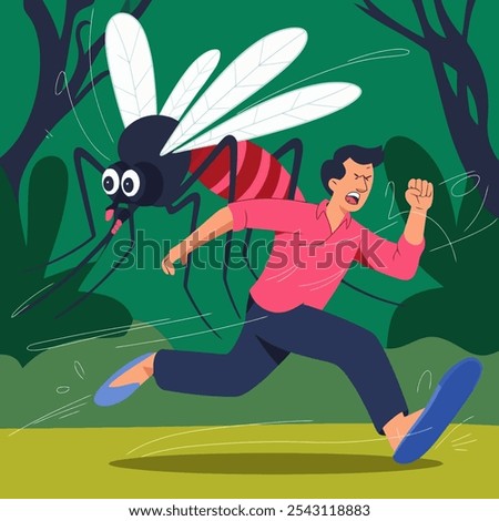 Man running away from a giant mosquito in panic.