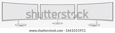 Mockup QLED curved display monitor on three sides with blank screens for your design. Vector illustration EPS10