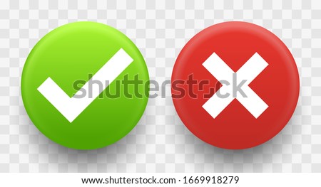 Tick and cross signs 3d green and red colors on a transparent background. Vector illustration