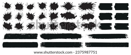 Set of paint splashes, brush strokes and construction rollers. Stains of splattered paint with smudges. Set of vector elements isolated on transparent background.