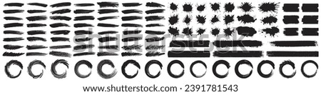 Set of paint splashes, brush strokes and construction rollers. Stains of splattered paint with smudges. Set of vector elements isolated on transparent background.