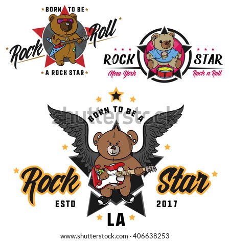 Rock and roll Teddy bear for children drawn hero,print for t shirts,stickers and labels,tattoo