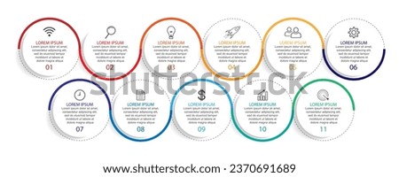 Business Infographic Template Design. Timeline with 11 marketing steps, options and icons. Vector linear infographic with eleven connected elements. Can be used for presentations in your business.