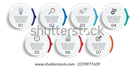 Business Infographic Template Design. minimal concept Timeline with 7 steps, options and marketing icons. Vector linear infographic with seven connected elements. Can be used for presentations on your