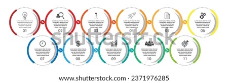 infographic template design, minimalist concept, interconnected circles with 11 steps, lines and colors in each step, good for your business presentation