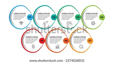 infographic template design, minimalist concept, interconnected circles with 7 steps, lines and colors in each step, good for your business presentation