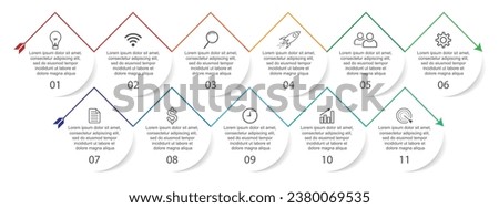 Business Infographic Template Design. Time line minimal concept with 11 options steps and marketing icons. Vector linear infographic with eleven connected elements. Can be used for your business gifts