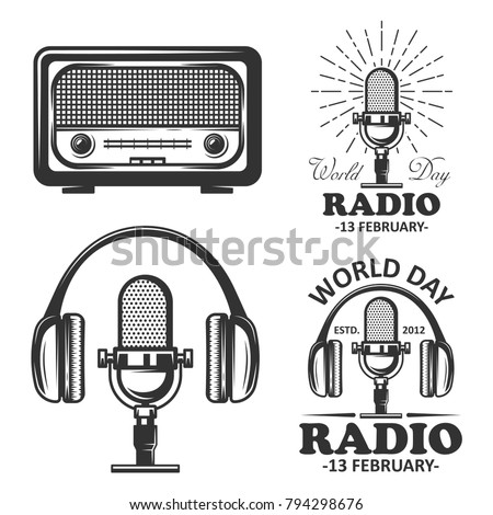 World radio day set of vector vintage emblems, labels, badges and logos in monochrome style. Radio, microphone, headphone objects in monochrome vintage style.
