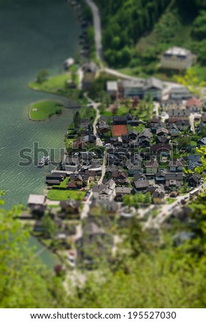 View overlooking Hallstatt town, miniature (tilt-shift) simulation using digital postprocessing