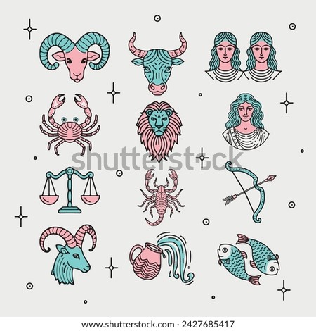 Astrological signs of the zodiac set on light background. Zodiac constellations. Aries, taurus, gemini, cancer, leo, virgo, libra, scorpio, sagittarius, capricorn, aquarius, pisces. Vector 