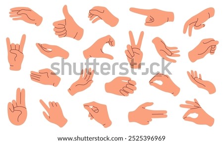 Hand gesture set isolated on white. Simple flat style. Hand sign ok, heart, press touch, hold, peace. Vector illustration.