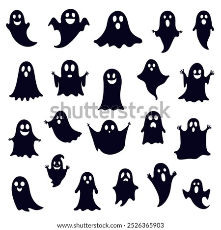 Black silhouette ghost set. Spooky monster icons isolated on white. Holiday design. Vector illustration.