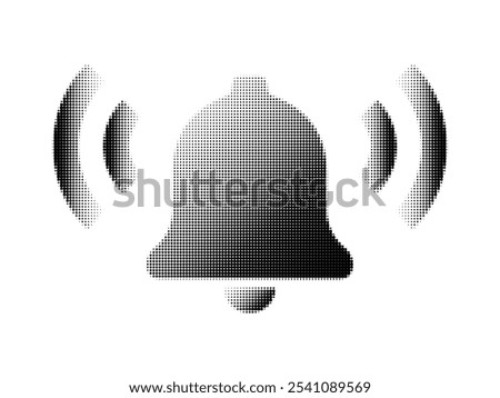 Halftone bell sign isolated on white. Black dotted alarm signal. Vector illustration.