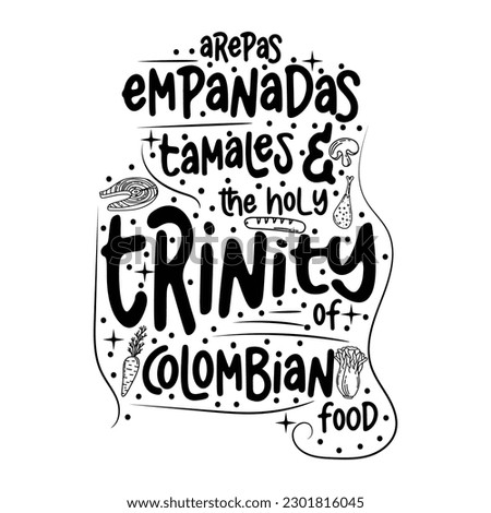 Arepas, empanadas, and tamales the holy trinity of Colombian food -Vintage poster, logo. Cooking poster with cooking food. Trendy retro design for Culinary school, food studio Vector.