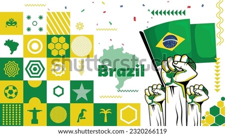 Flag and map of Brazil with raised fists. National day or Independence day design for Brazilian celebration. Modern retro design with abstract icons. Vector illustration.