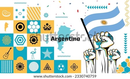 Argentina national day banner with map, flag colors theme background and geometric abstract retro modern blue white yellow design. Argentinian people. Sports Games Supporters Vector Illustration.