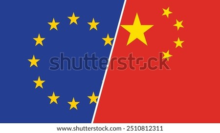 Crisis in world. Conflict with two opposing trading partners European union and China. Symbol of misunderstanding, negotiation problems, miscommunication, argument. Flat vector illustration