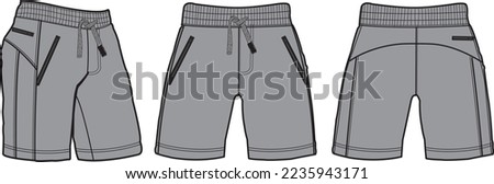 short fashion flat sketch template, Bermuda Shorts Template, Vector Illustration of pant, Men's fashion shorts front and back view