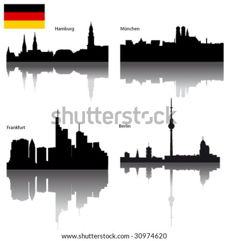 Black vector silhouettes of German town with German flag