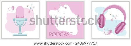 Podcast cover backgrounds set. Audio broadcast, modern square-shaped card designs, social media posts collection with microphone, mic, play, sound track, records. Cute flat vector illustrations