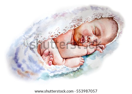 Smiling newborn baby. Art illustration of sleeping baby