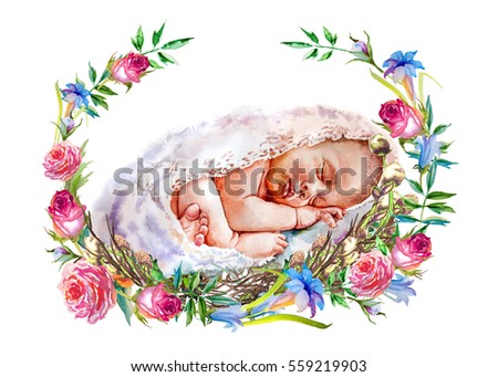 Smiling newborn baby. Art illustration of a sleeping baby in flowers