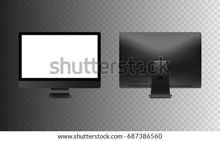 Stock vector illustration realistic set personal professional desktop computer, PC. Modern flat screen monitor. Back side computer display isolated on a transparent background. White screen mock-up.
