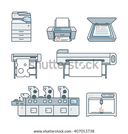 Collection of linear,flat Offset Printer,3D printer,Scanner,Laser printer,Plotter machine,Cutting plotter,InkJet printer,Copy Machine,photo,large format Printer.Vector illustration. Isolated on white