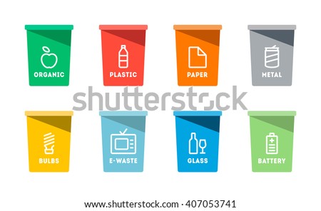 Collection of colorful separation recycle bin icon.Organic,batteries,metal,plastic,paper,glass,waste,light bulb,aluminium,food,can,bottle.Bin vector,recycle bin.Vector illustration. Isolated on white