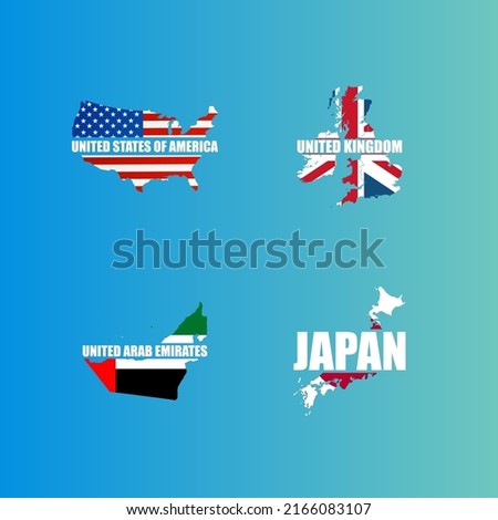 world vector map, vector map of united states, japan, united arab emirates, united kingdom with lettering and flags, for t-shirt designs, posters, templates and more