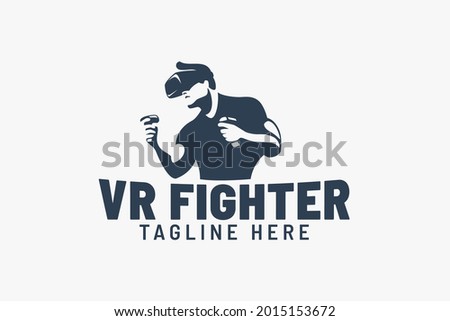 virtual gamer logo with man wearing vr box glasses and posing like a fighter.