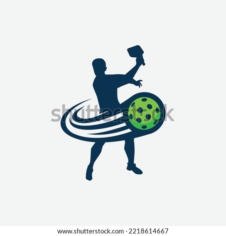 vector graphic of a male pickleball player silhouette and a dynamic moving ball for advertising, logo, banner, social media post, etc.