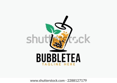 fresh bubble tea logo with a combination of a glass of bubble tea and tea leaves.
