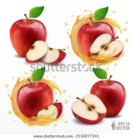 Natural fresh red apples with halves and slices, juicy transparent splash and drops, 3d realistic vector illustration