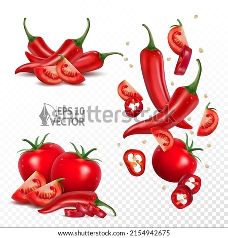 Ripe tomatoes and chili peppers set, natural fresh vegetables, falling pieces and slices, 3d realistic vector illustration