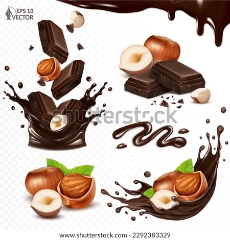 Dark chocolate slices and hazelnut chips falling into a chocolate splash. Set of realistic hazelnuts peeled and in shell. Liquid chocolate sauce. 3D vector food illustration