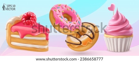 Vector icon set of sweet food. Raspberry pie, glazed donuts, flavored cupcake with whipped cream. Realistic 3D food illustrations for packaging and advertising design