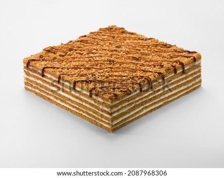 Honey cake dessert, square honey cake isolated background