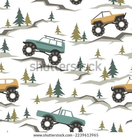 SUV off road cars seamless pattern with pines and stones. Endless fun cartoon texture for children fabric and fashion print. Vector background.