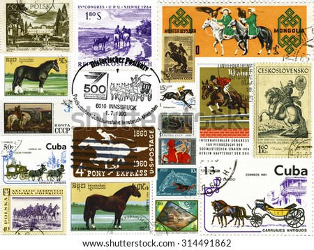 Different countries - before 1990: Collage of stamps issued by different countries on the theme of Horses