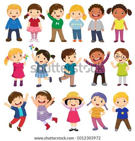 Happy kids cartoon collection. Multicultural children in different positions isolated on white background Foto stock © 