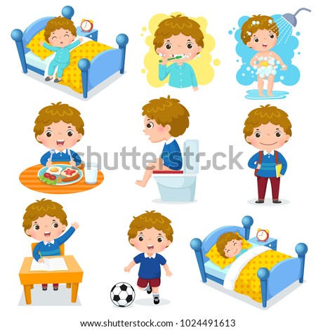 Illustration of daily routine activities for kids with cute boy