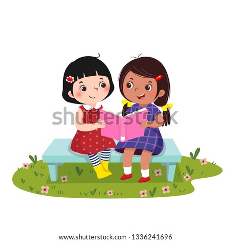 Vector illustration of  two little girls sitting on the bench and reading book together.