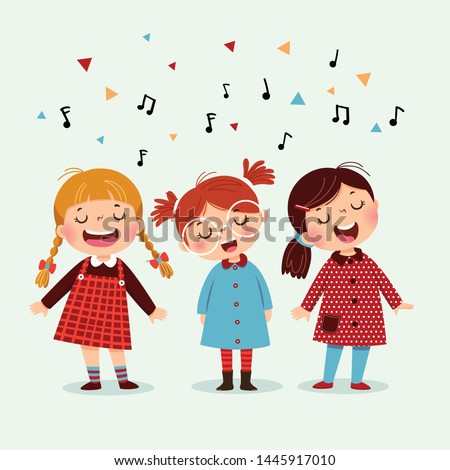 Three little girl singing a song on blue background. Happy three kids singing together.