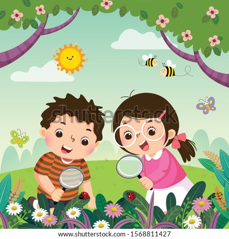 Vector illustration of two kids looking through magnifying glasses at ladybugs on plants. Children observing nature.