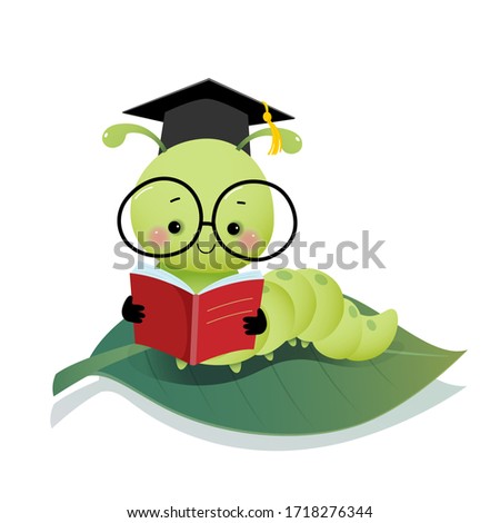 Vector illustration cute cartoon caterpillar worm wearing graduation mortarboard hat and glasses reading a book on the leaf.